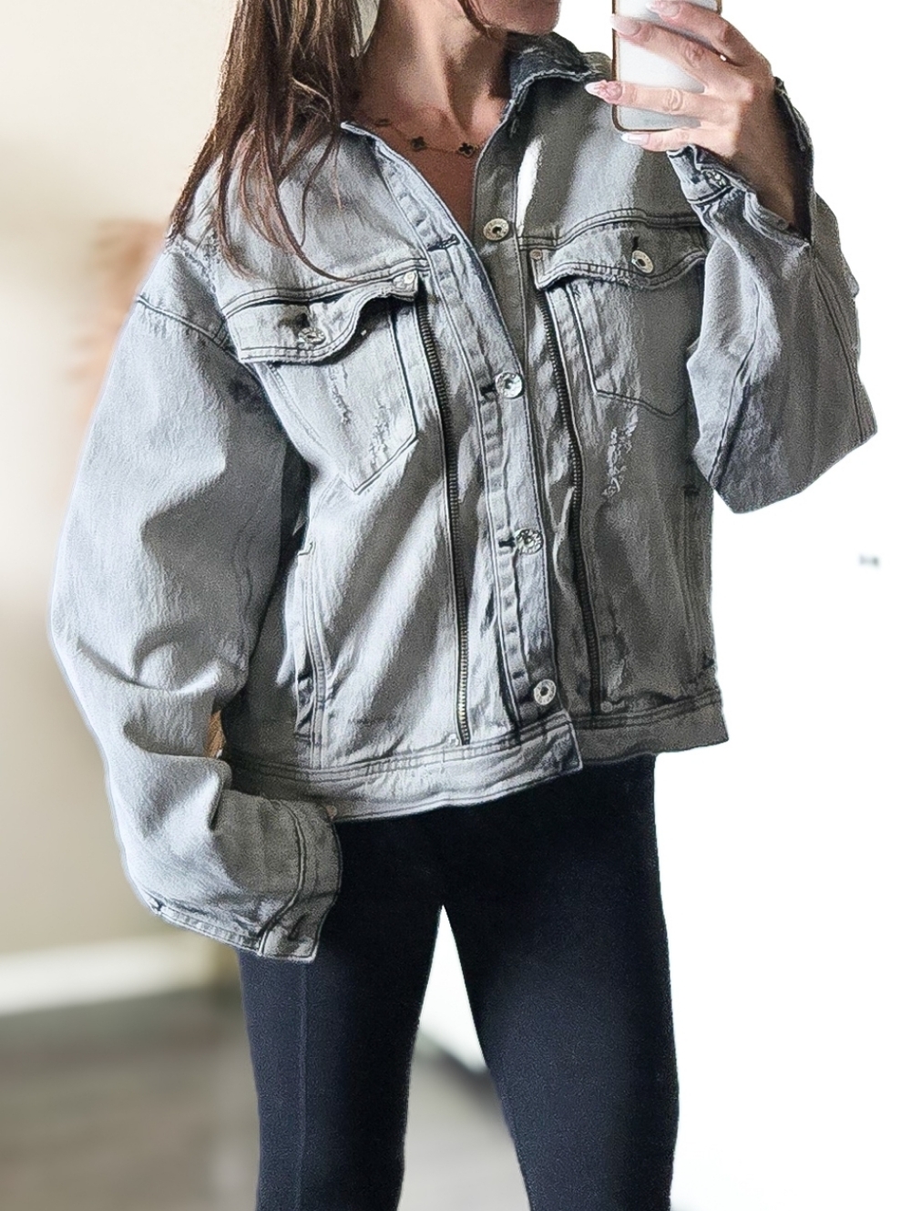 Kollar Grey Washed Denim Jacket Oversized Zip Detail Streetwear Distressed Large